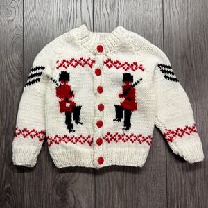 Vtg 70s Handmade Cowichan Style Thick Knit Sweater Grenadier Guards Youth Small